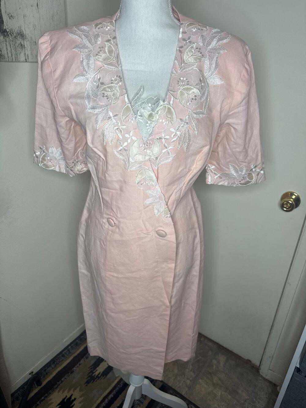 Vintage Handmade 80s Pastel Pink Wiggle Dress- midi embroidered lace neckline